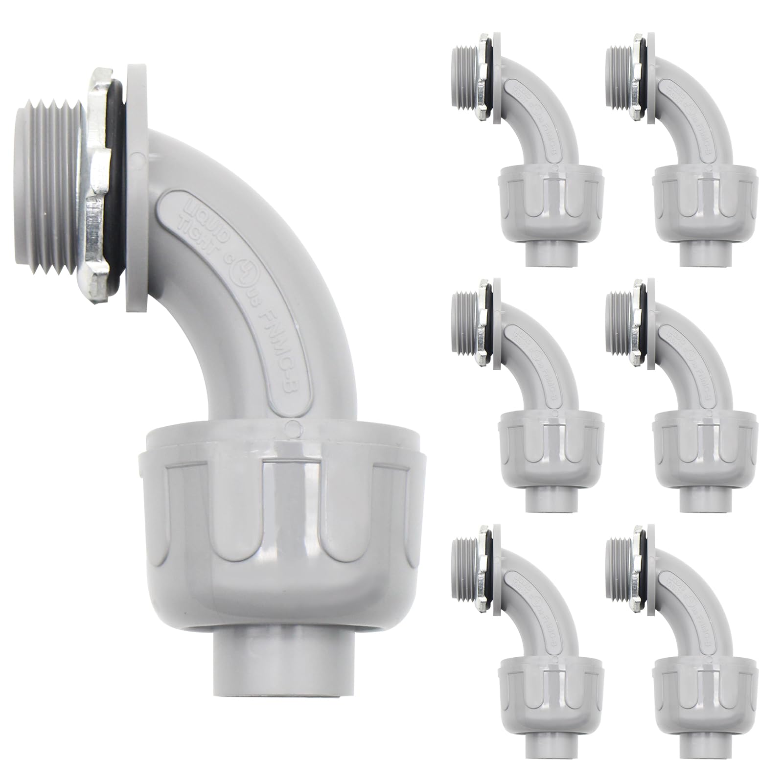 AIRTAK 7-Pack 1/2-Inch Non-Metallic Liquid Tight Conduit Connectors, 90-Degree NPT for PVC Flexible Electrical Conduit, Grey - Outdoor Use.
