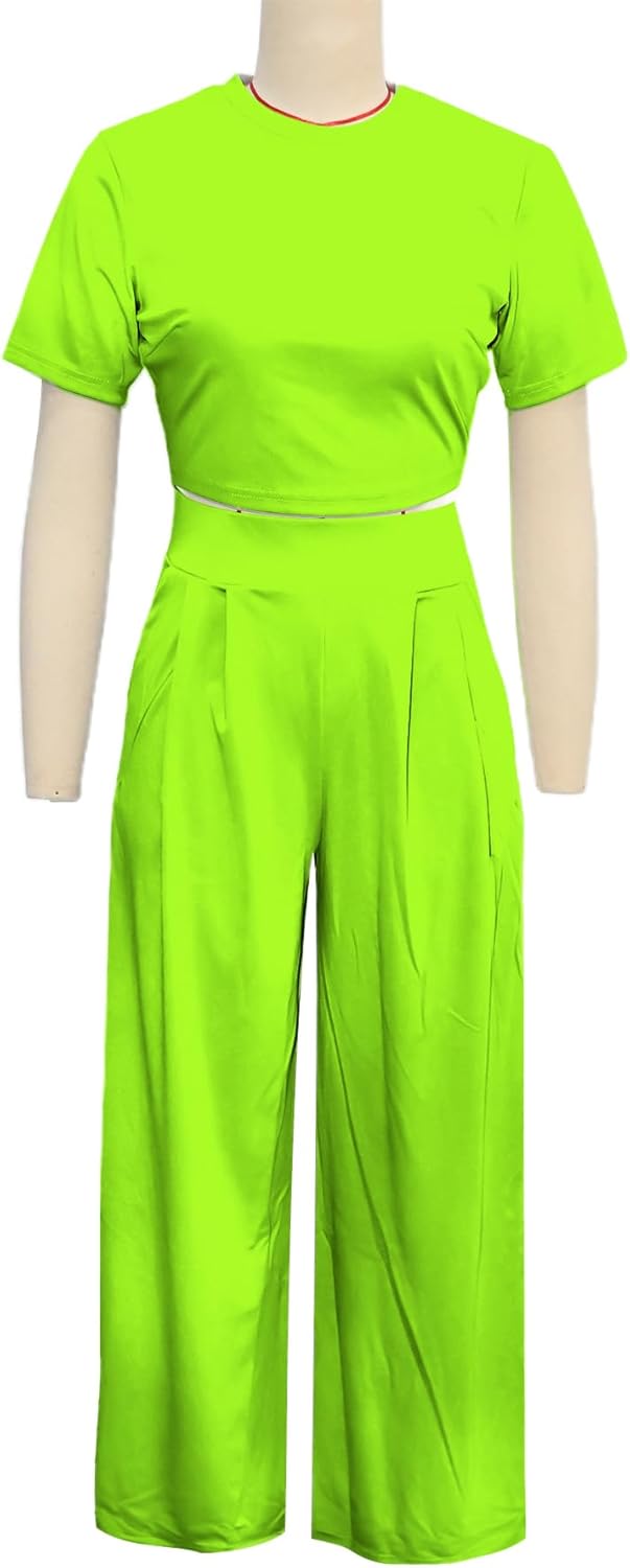 Women's Short Sleeve Crop Tops Wide Leg Pants Two Piece Sets Outfits - Image 3