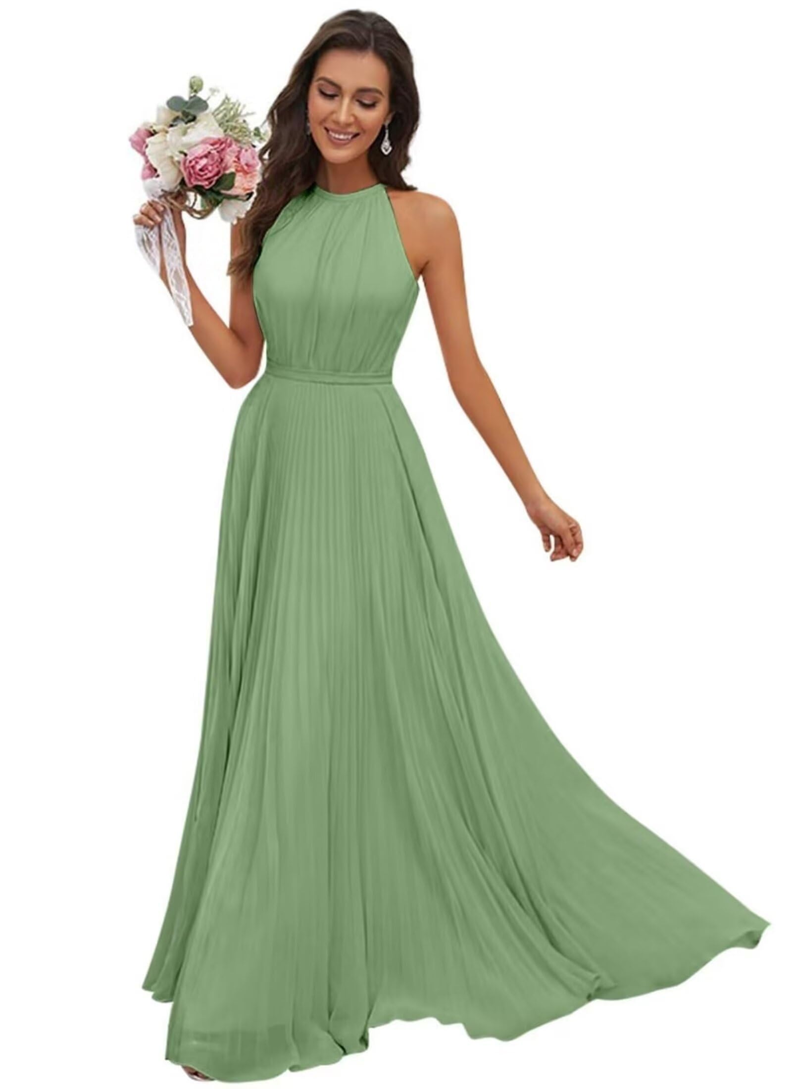 JAEDEN Abendkleid Damen Lang Elegant für Hochzeit - Neckholder Brautjungfernkleider Chiffon Festliches Party Kleid Staubiger Salbei 38