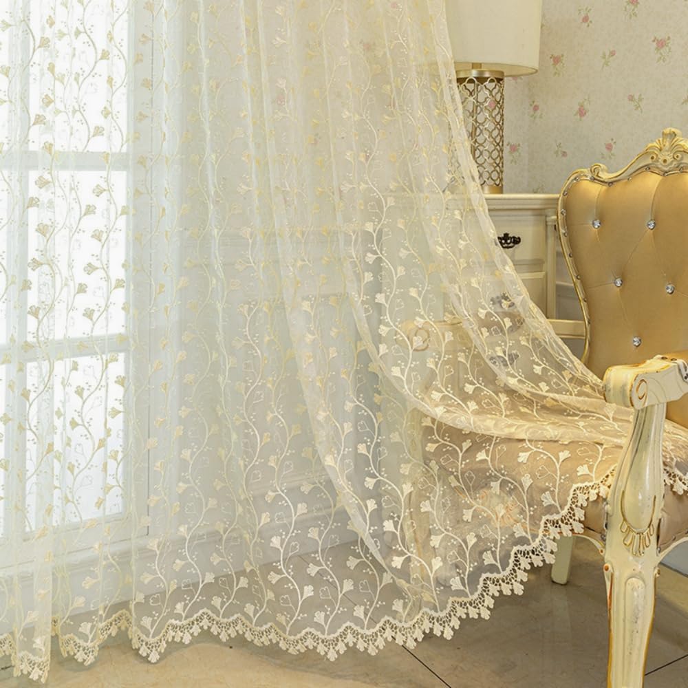 Tüllvorhänge Gold Jacquard - 2 Stück 140x230cm Für Wohnzimmer & Schlafzimmer