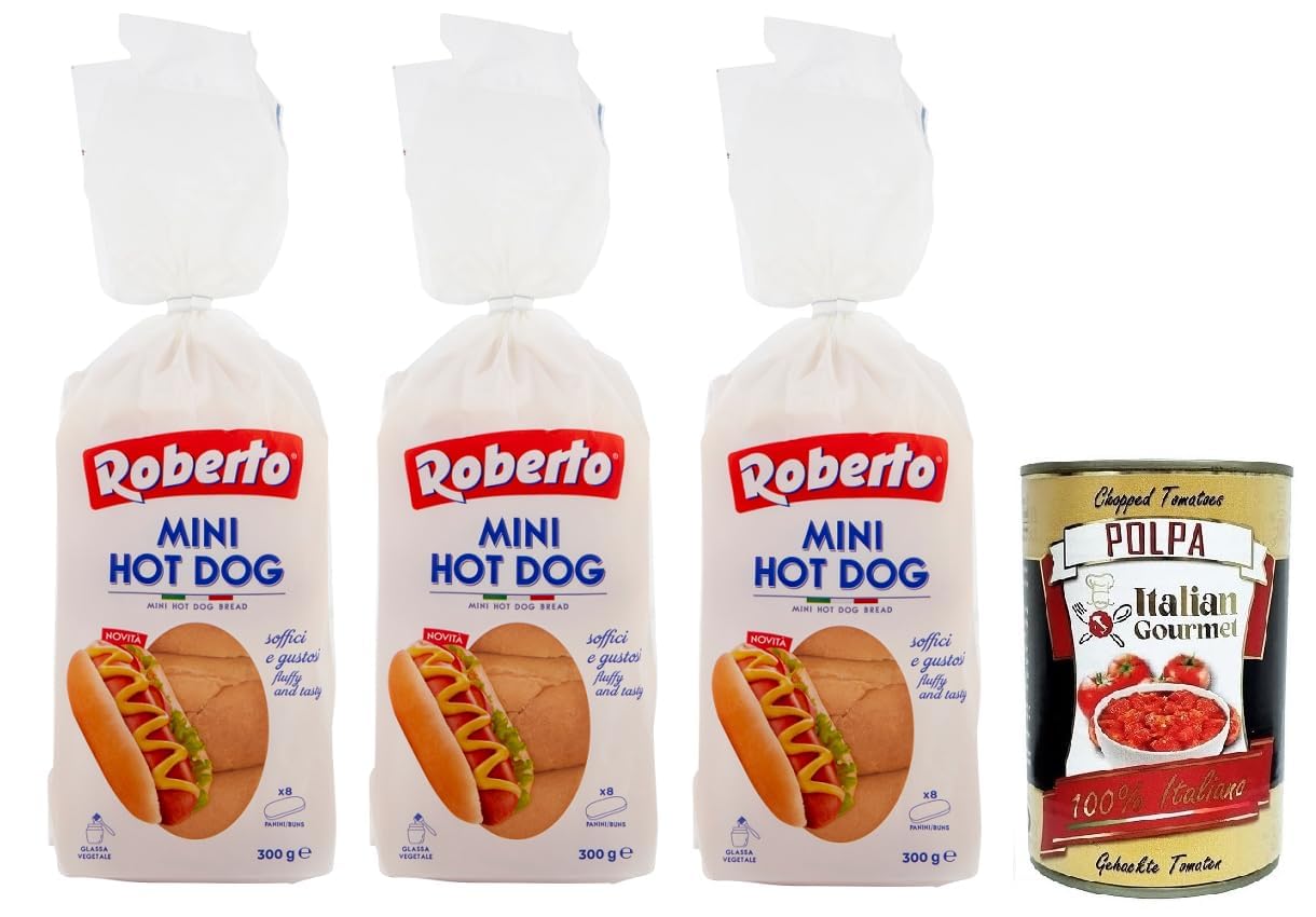 Italian Gourmet Roberto Mini Hot Dog Pains 3 x 300 g – Pains Mini pour Hot Dog et Sandwichs – Boulangerie Italienne + Italian Gourmet Polpa de Tomates 400 g