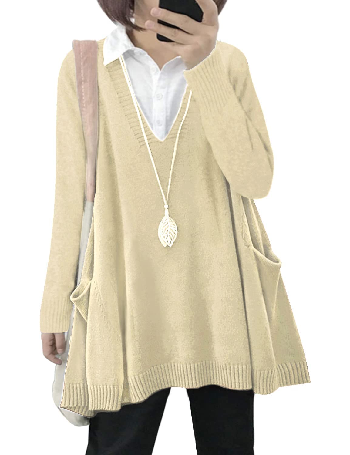 YESNO Women's Sweater with Swing Hem Oversized Long Sleeve V Neck Knit Pullover with Drop Pockets WM9TYP1