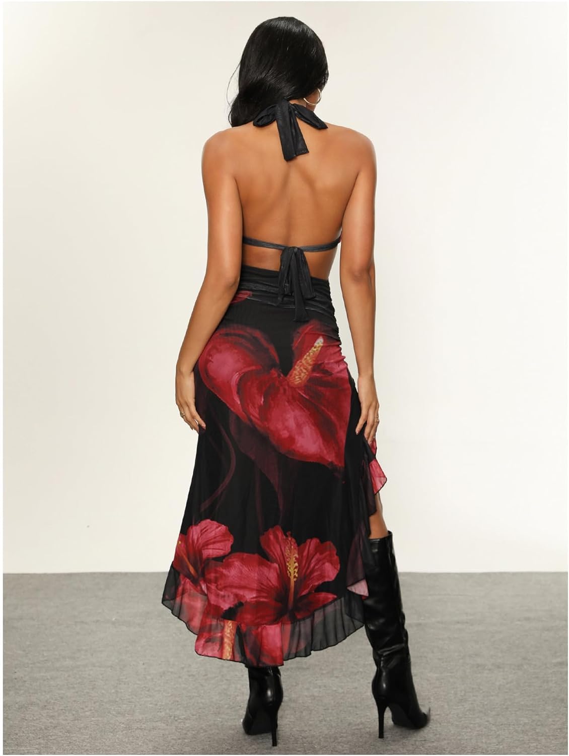 WDIRARA Women's Halter Cut Out Dress Floral Cheetah Print Asymmetrical Hem Sexy High Slit Mesh Ruffle Dresses - Image 2