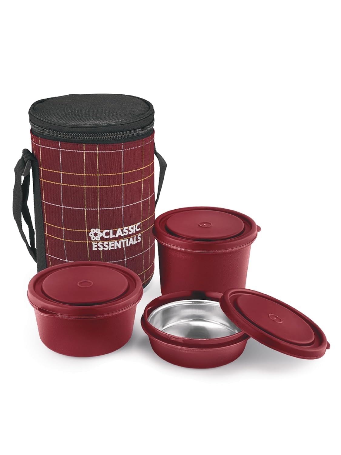 CLASSIC ESSENTIALS Lunch Box, Microwave Safe & Leak Proof, 3 Inside Steel Containers with BPA Free Lids (250ml, 400ml & 600ml), Insulated Fabric Bag (Maroon)