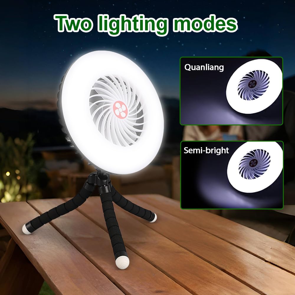 LED Campinglampe mit Ventilator USB Aufladbar, 2-in-1 Tragbarer Camping Ventilator mit Licht, Campingventilator mit Magnet und Hanging Haken, Zeltventilator für Wandern Angeln Strand Wohnwagen