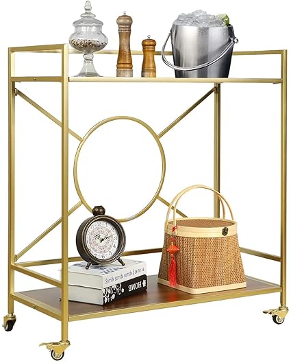 Weston Crafts Gold Bar Cart for The Home, 2-Tier Rolling Storage Cart with 2 Walnut MDF Shelves, Wine Cart with 2 Lockable Wheels