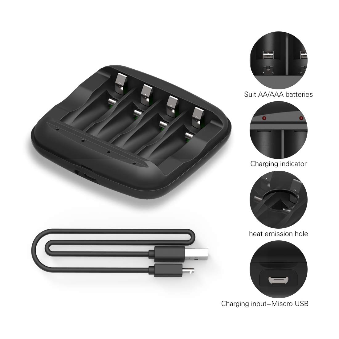 ALTIZURE 15 Minutes Full,20000 Cycles Rechargeable AA Battery Charger with 4 AA Rechargeable Lithium Ion Batteries（with USB Charger and Charging Cable）