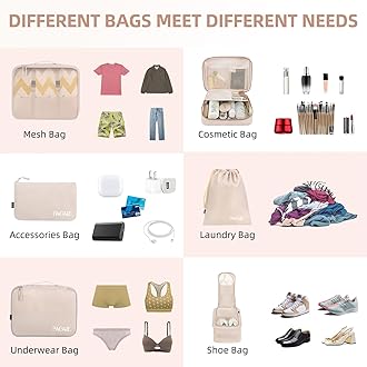 BAGAIL 8 Set Packing Cubes, Lightweight Travel Luggage Organizers with Shoe Bag, Toiletry Bag & Laundry Bag (Cream)