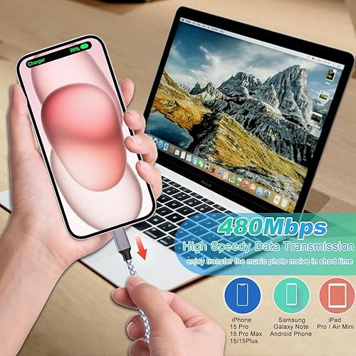 Miniatura 4 de Cable de carga USB C, paquete de 3 cables de carga rápida de nailon trenzado USB C a USB C de 60 W, compatible con iPhone 15ProPlusPro MaxiPad