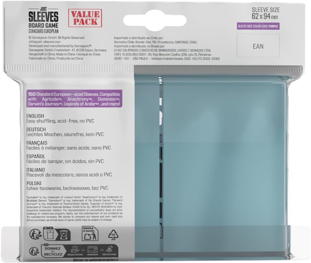 Gamegenic Just Sleeves - Standard European Value Pack (150 Pack), 59×91 mm Card Sleeves, Cost-Effective Protection Compatible with Prime Purple Size, Entry-Level Clear Sleeves