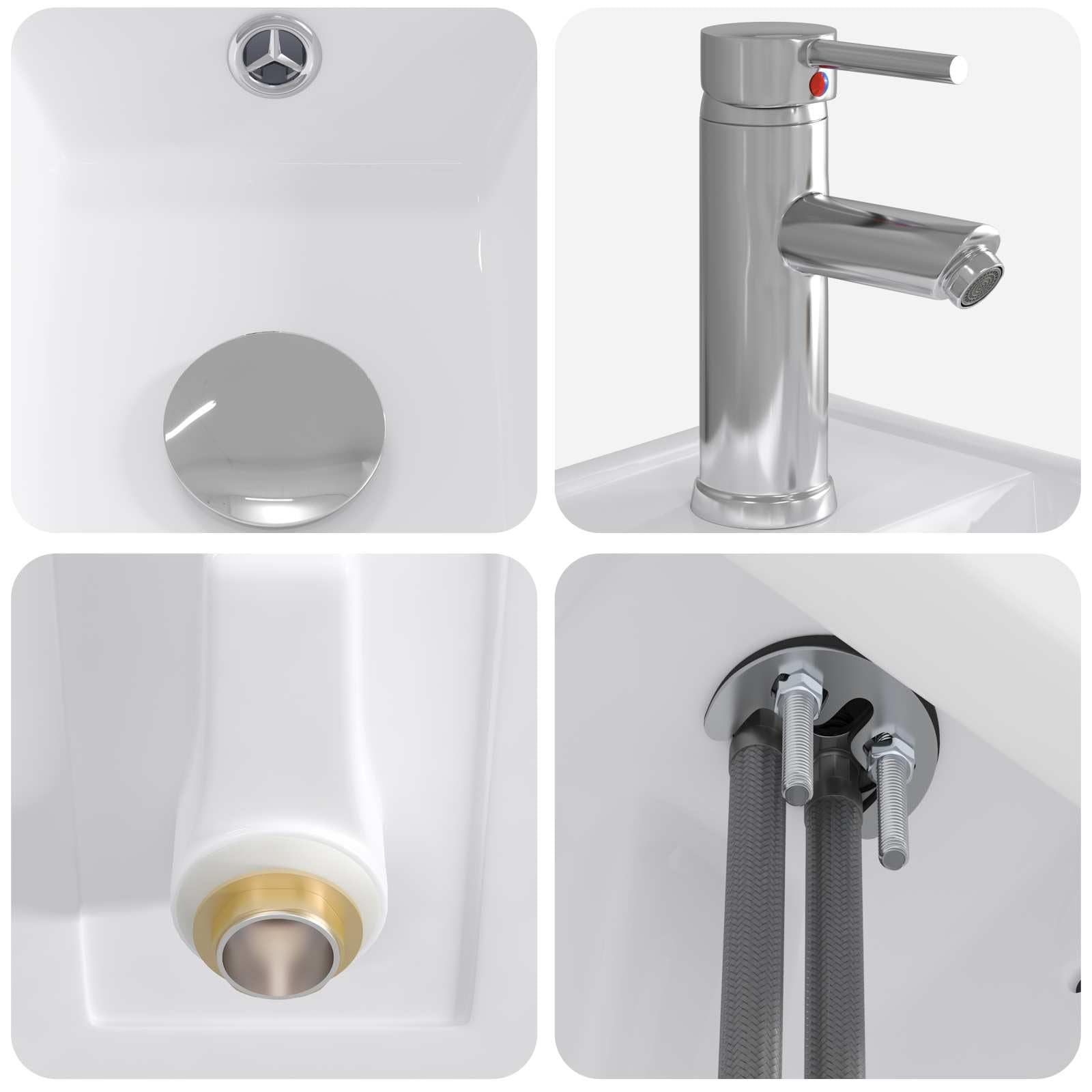 Waschbecken Badezimmer Chrom 40,5 x 22,5 x 11,5 cm Metall Waschtisch mit Wasserhahn und Ablaufgarnitur, kleines Handwaschbecken für Gäste-WC und Moderne Bäder