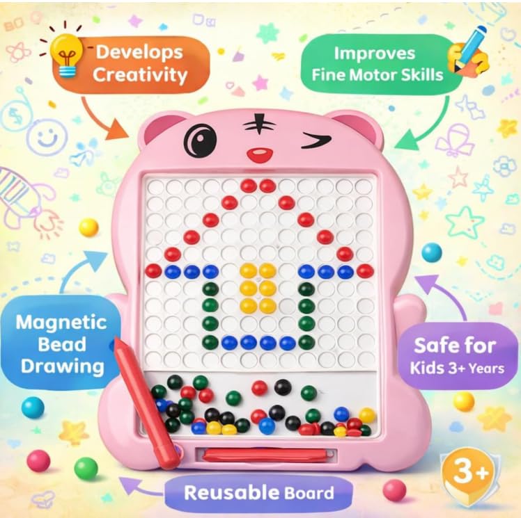Image of Pink Magnetic Drawing Board for Kids - Magnetic Mosaic Puzzle Board with Color Beads, Magnetic Pen & Pattern Cards - Educational STEM Learning Toy for Kids - (Pack of - 1)