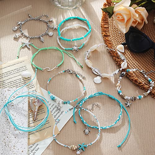 Ifkm 11Pcs Woven Silver Beach Anklets For Women Girls Adjustable Handmade Surfer Wave Ankle Bracelets Set Beads Starfish Shell Turtle Conch Boho Ankle Foot Jewelry For Summer #TOP4