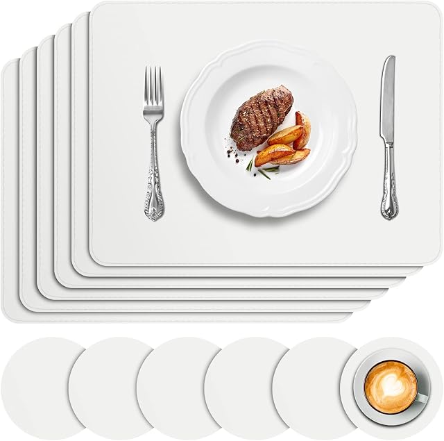APLKER Placemats and Coasters Set of 6, Heat Insulation PU Leather Table Mats Non-Slip Washable Waterproof Kitchen Dining Place Mats for Home Restaurant Hotel, Cream