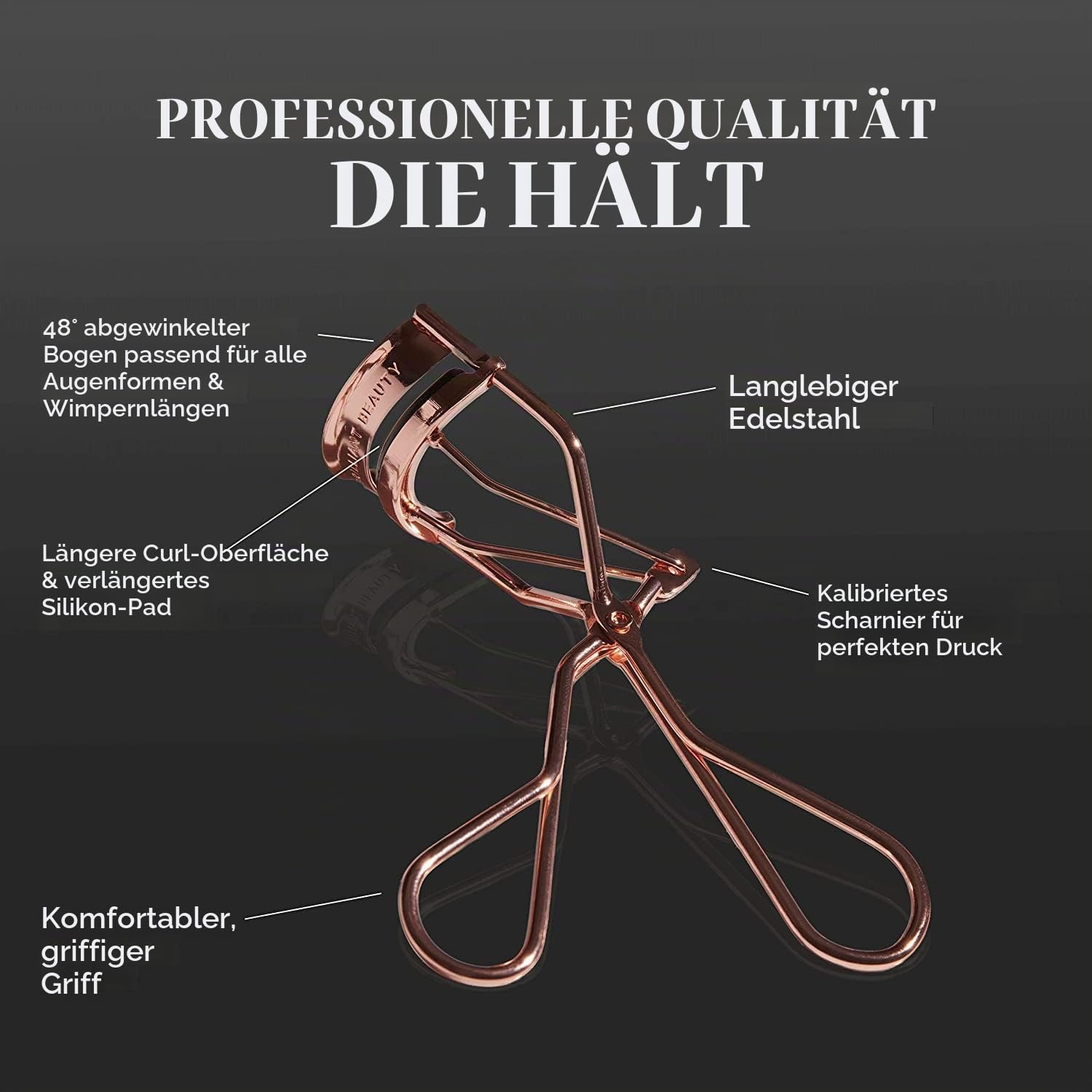 Brilliant Beauty Wimpernzange – Eyelash Curler inklusive Ersatzpads & Satinbeutel – passend für alle Augenformen (Roségold)