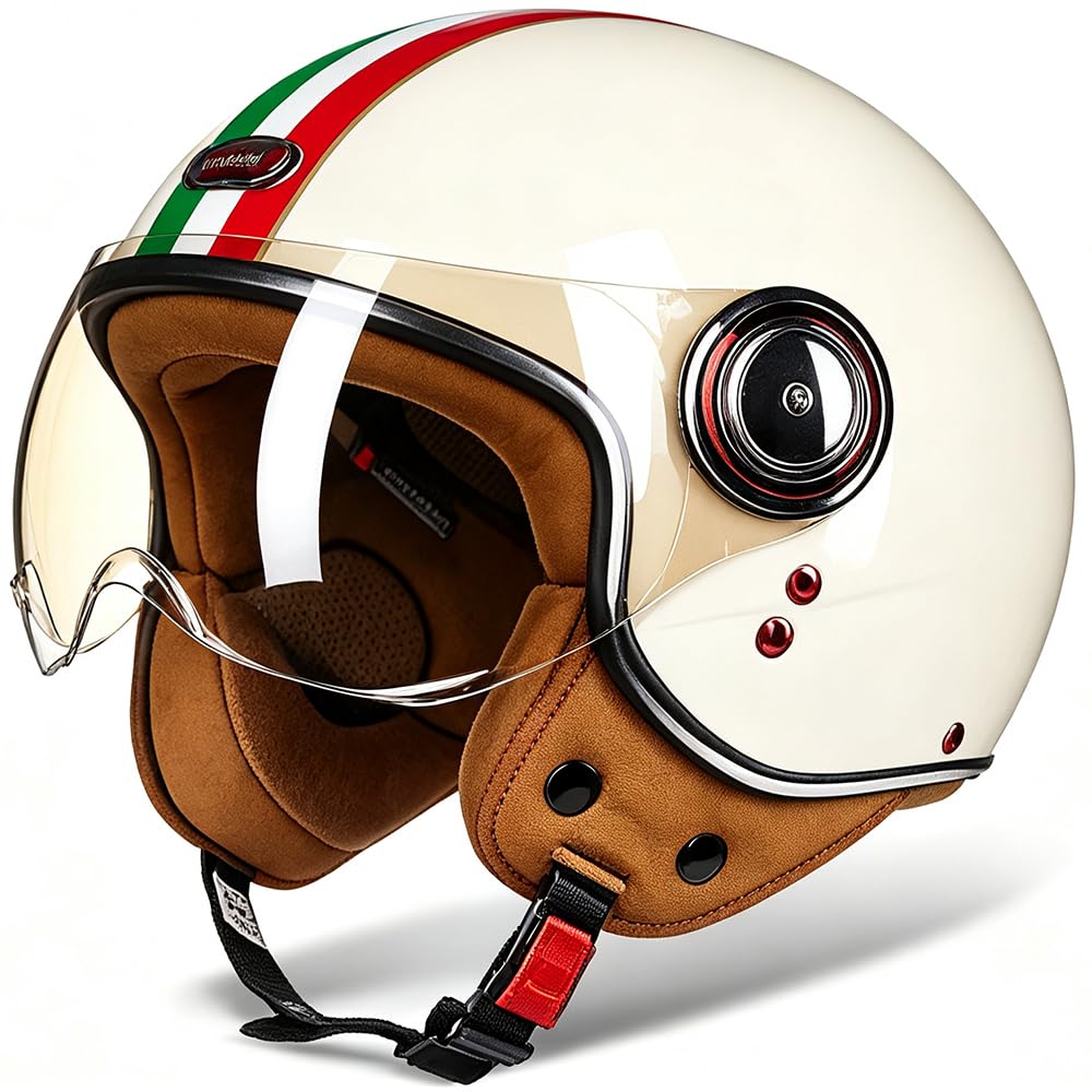 Casco de Moto Jet Vintage con Visera Solar, Medio Casco 3/4 Abierto Estilo Retrò, Homologado Dot/ECE para Scooter Vespa, Cruiser y Motocicleta – Adultos Hombres y Mujeres