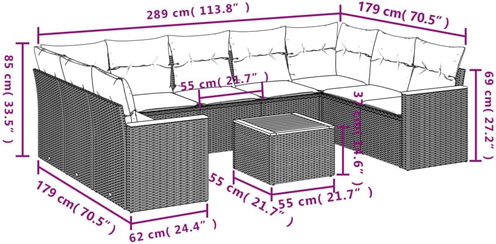 10 Piece Patio Sofa Set with Cushions Gray Poly Rattan Outdoor Patio Set Garden Seating Ensemble for Pond Deck