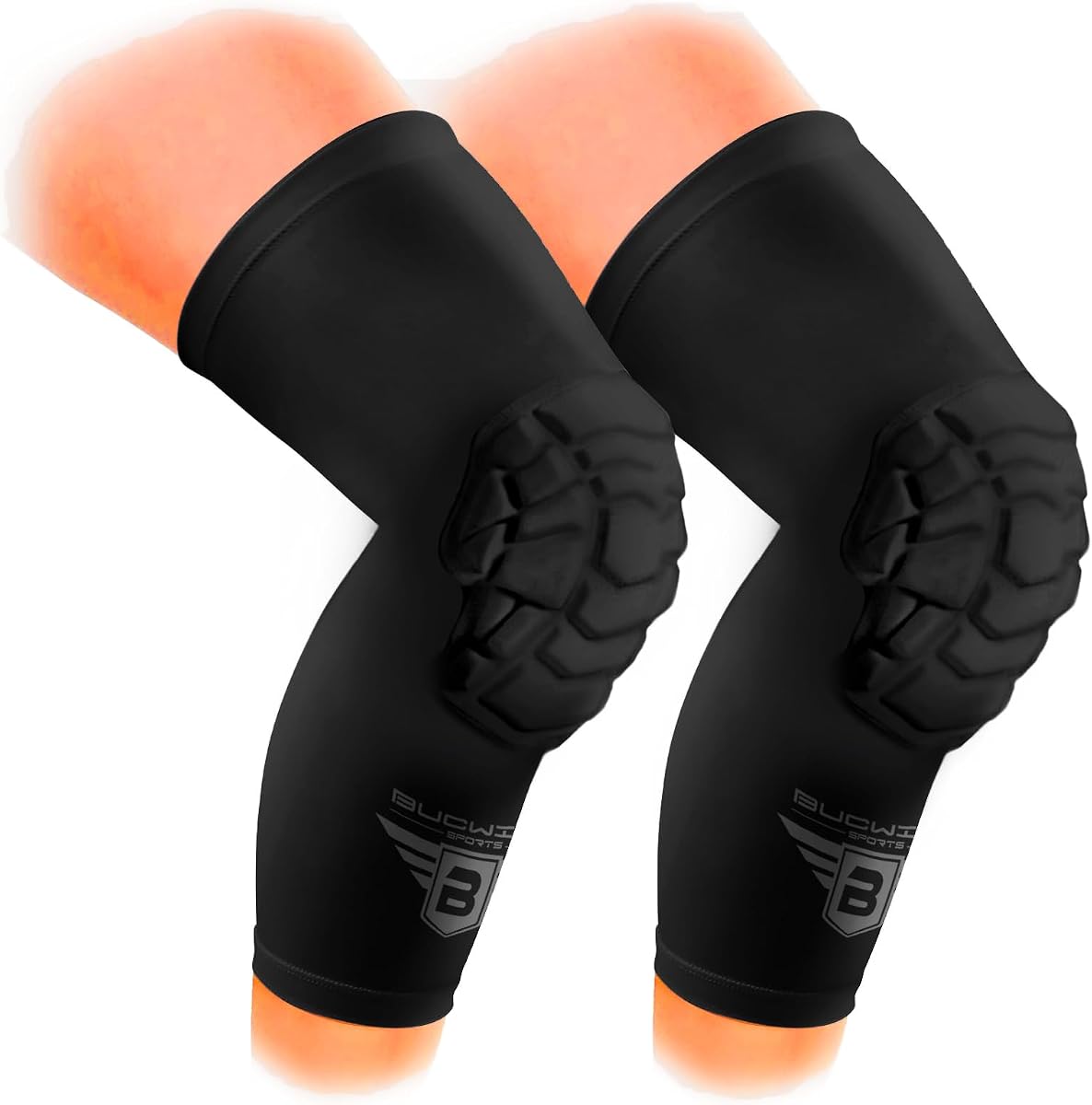 Bucwild Rodilleras deportivas/rodilleras acolchadas de compresión Pro (1 par) tamaños para jóvenes y adultos – Baloncesto, lucha libre, voleibol, negro, blanco, rojo, azul (camuflaje negro, pequeño (adolescente/adulto joven))