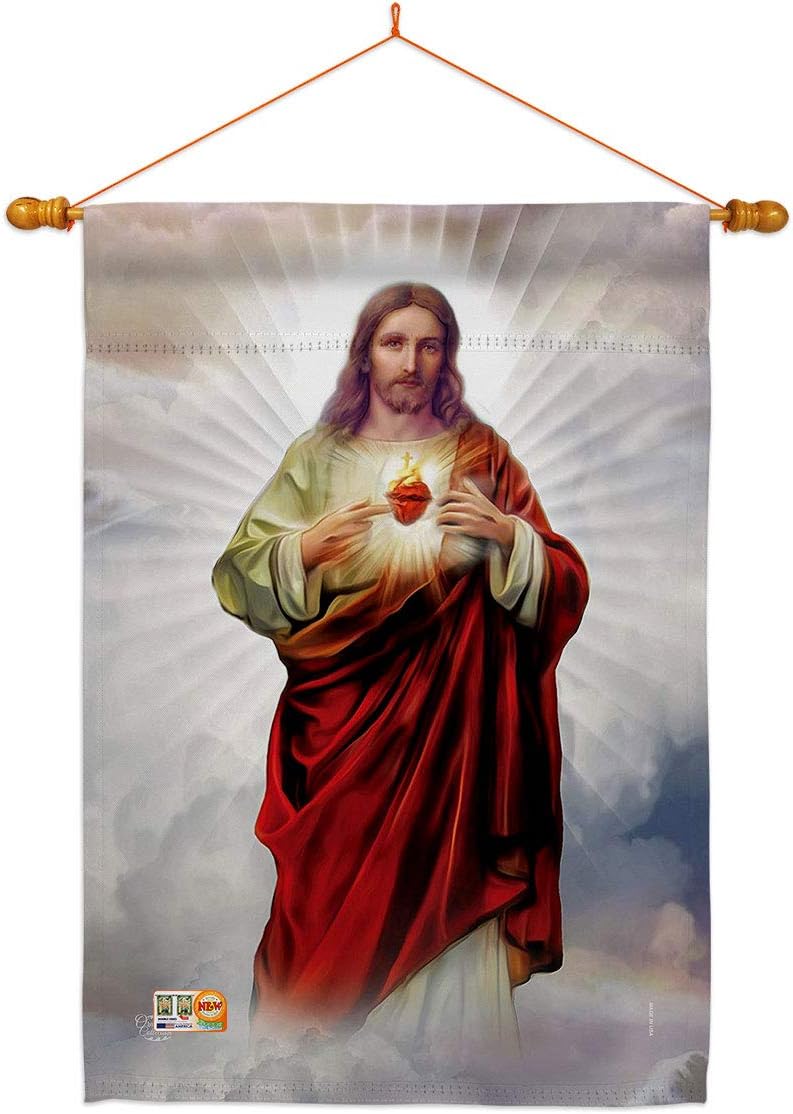 Sacred Heart of Jesus House Flag Dowel Set Religious Faith Hope Grace Peace Dove Christian Religion Easter Small Decorative Gift Yard Banner Made in USA 28 X 40