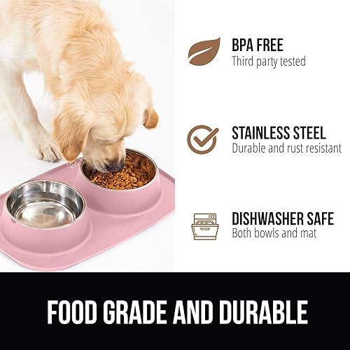 Miniatura 5 de GORILLA GRIP Juego de Estera de Alimentación, Patente Pendiente 100% Impermeable de Silicona Libre de BPA, Cuencos de Acero Inoxidable para Gatos y