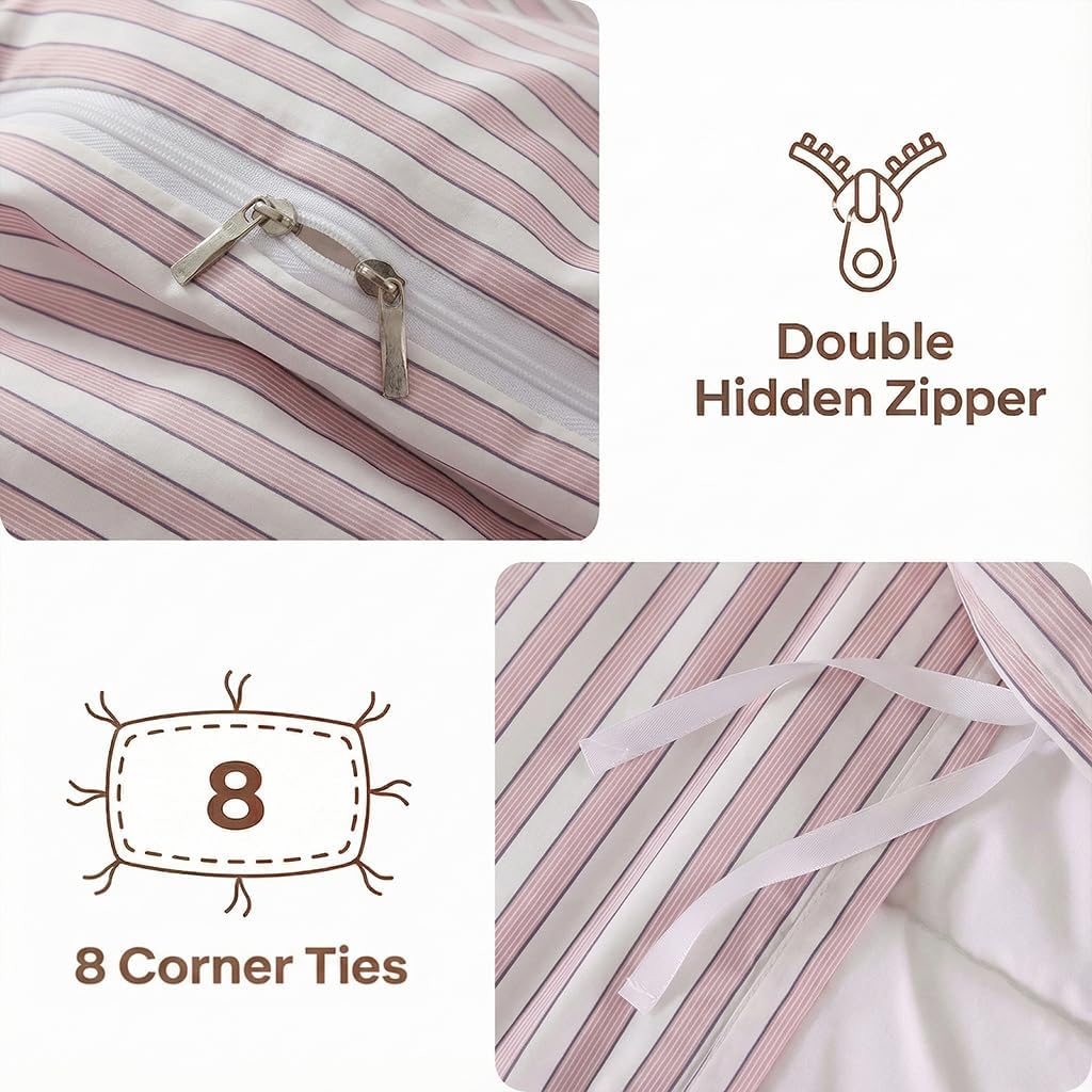 Bedbay Cotton Striped Duvet Cover Set Queen Size, Soft Blush Pink Stripe Bedding Set, 100% Cotton Sateen, Minimal Casual Hotel Style Duvet Cover 3 Piece for All Seasons