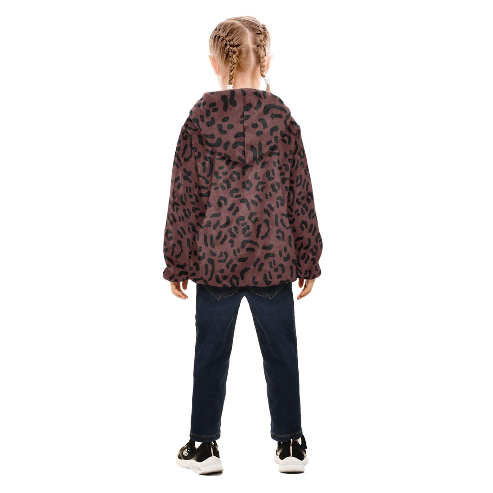Cappotto con cappuccio per bambini per autunno e inverno, caldo, a maniche lunghe, con cerniera, antivento con due tasche, per 3-10 anni, a righe leopardate, rosso