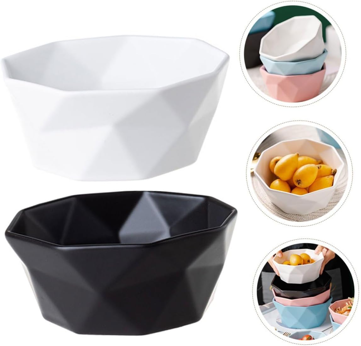 YARNOW Ceramic Rice Serving Bowls Small Multi-use Ceramic Salad Bowls 2pcs Set Black and White for Soup and Rice Serving