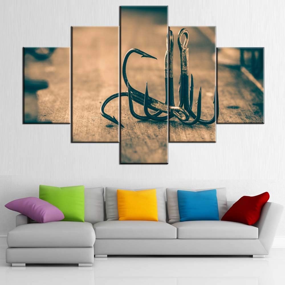 Fishing Tools Wall Canvas Art Black and White Pictures Fishhook Paintings 5 Panel Prints Wall Art for Living Room Vintage Artwork Modern Home Decor Gallery-Wrapped Framed Ready to Hang(60''W x 40''H)