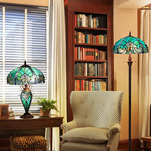 COTOSS Tiffany Floor Lamp,Stained Glass Lamp Shade,Vintage Antique Style Standing Double Light for Living Room & Bedroom