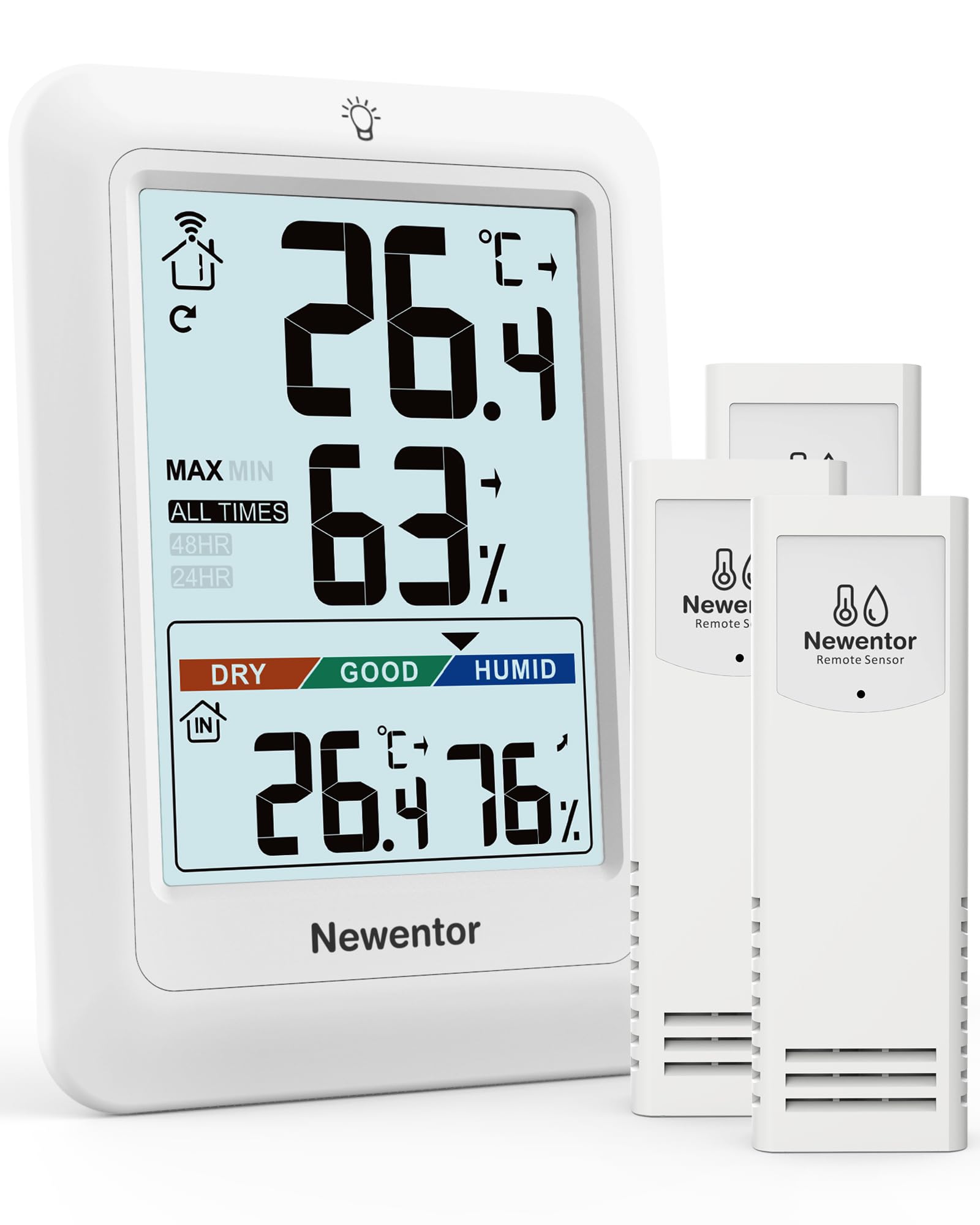Newentor MAX MIN Thermometer innen außen 24/48 Std./alle Zeiten - Hygrometer Innen mit Luftkomfort - Wetterstation Funk mit Außensensor - Raumthermometer mit Beleuchtung, Weiß, 3*Außensensor