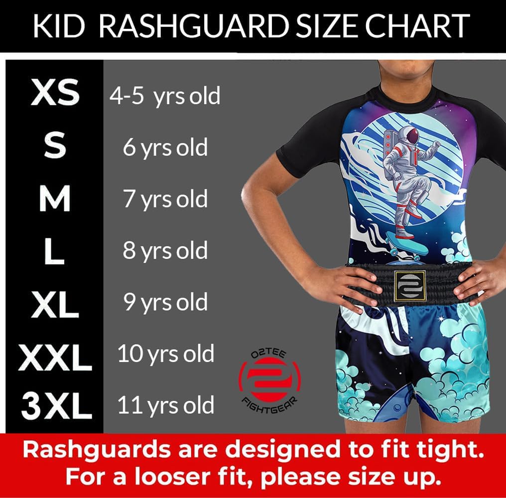 O2TEE Kids Astronaut Fun Space BJJ Rash Guard Boxing Shorts MMA Sports Suit