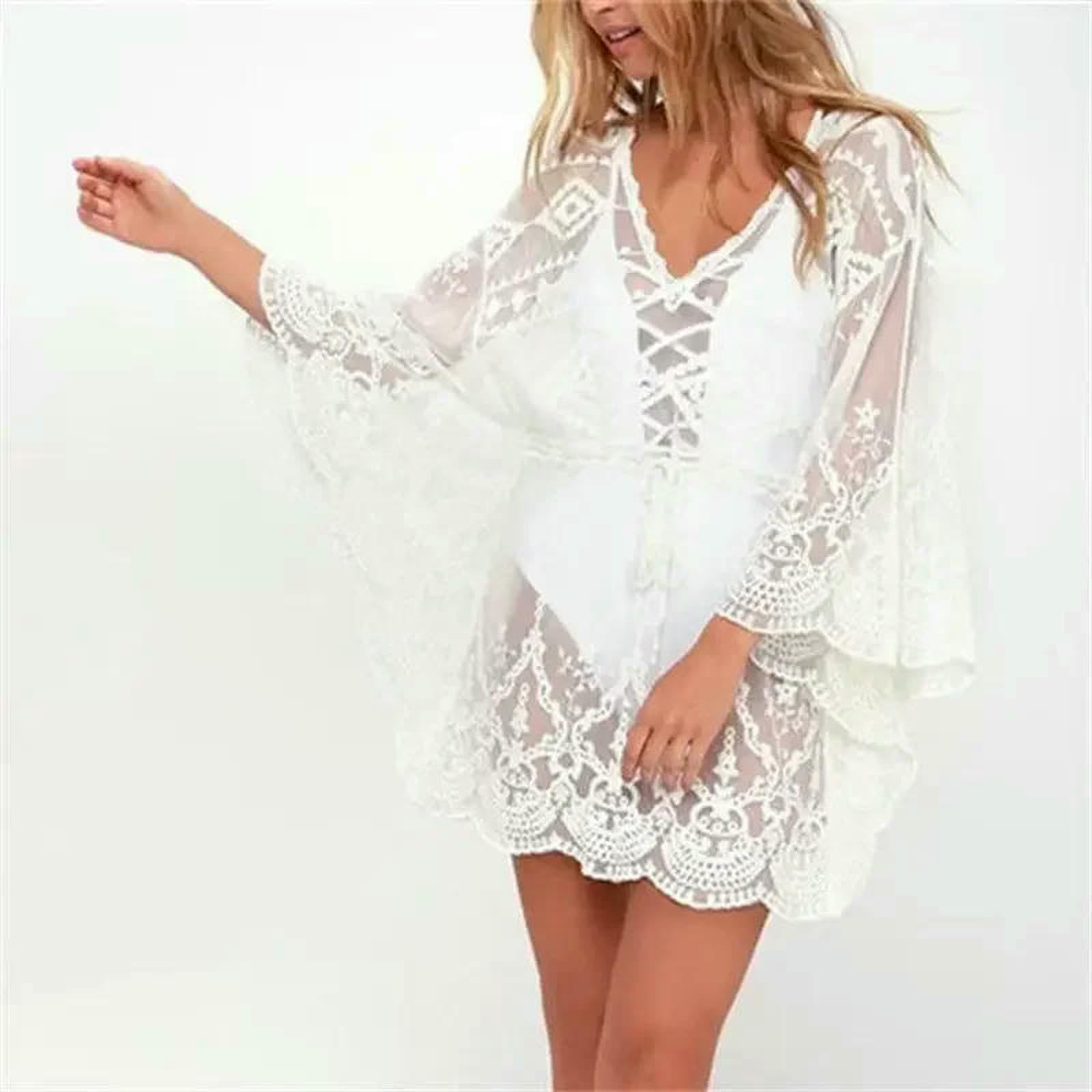 Costume Copricostume da Donna in Pareo Spiaggia Pizzo, Bagno Tunica Playa, Elegante Estiva-Nero-Taglia Unica