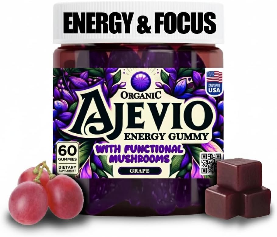 Mushroom Focus & Energy Gummies – Organic Lion’s Mane and Cordyceps, Plant-Based Caffeine, L-Theanine & B Vitamins, Nootropic for Stamina, Attention & Cognitive Support Grape – 60 Ct (30 Day Supply)