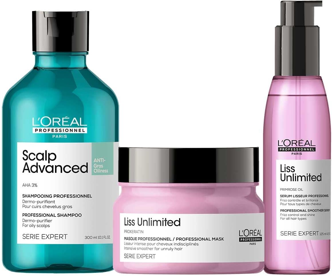 L'Oréal Professionnel Paris Anti-Oiliness Shampoo, Liss Unlimited Mask & Liss Unlimited Serum For Frizzy Hair And For Oily Scalps, 300 millilitres