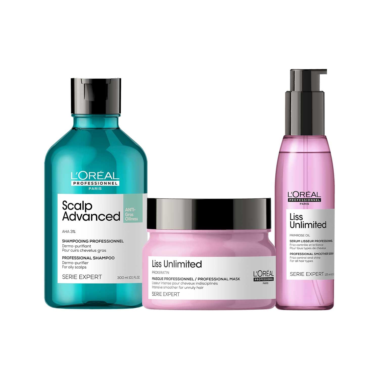 L'Oréal Professionnel Paris Anti-Oiliness Shampoo, Liss Unlimited Mask & Liss Unlimited Serum For Frizzy Hair And For Oily Scalps, 300 millilitres