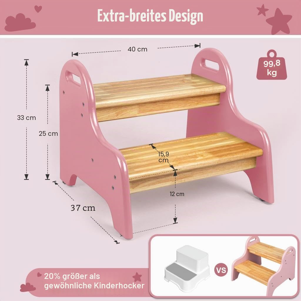 StrongTek Kinder-Trittbank 2 Stufen, Hocker aus Gummibaumholz, stabil & rutschfest, ideal für Bad, Küche und Zuhause, langlebig, leicht zu reinigen, Tritthocker für Kleinkinder
