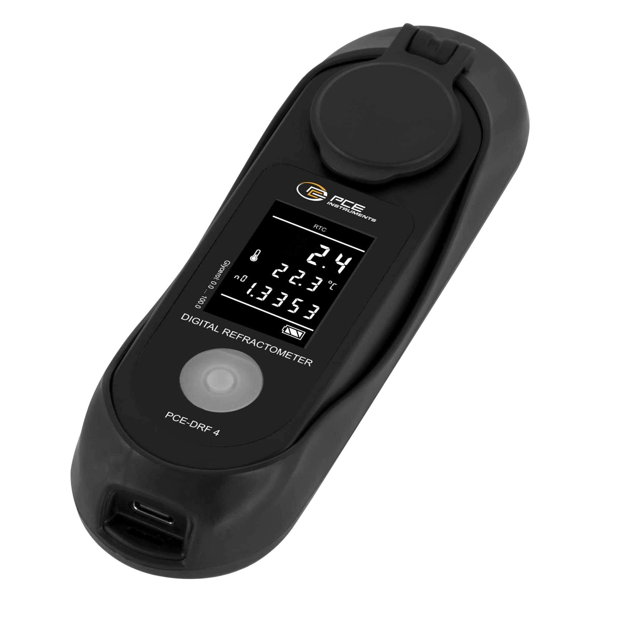 Refractómetro PCE-DRF 4 / Para glicerina/Rango 0 ... 100% / Medición adicional del índice de refracción: 1,3330 ... 1,4740 nD/Batería recargable/Carcasa ABS con protección IP65