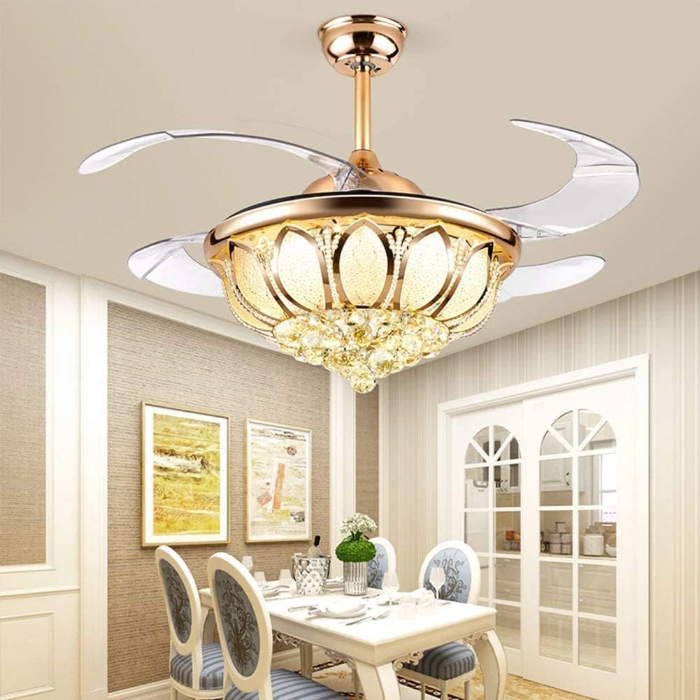TFCFL 42 Inch Ceiling Fan with Light, Crystal Invisible Chandelier with Controller Retractable Blades Dimmable Pendant Lighting Fixture for Decorate Living Room Dining Room Restaurant (Gold)