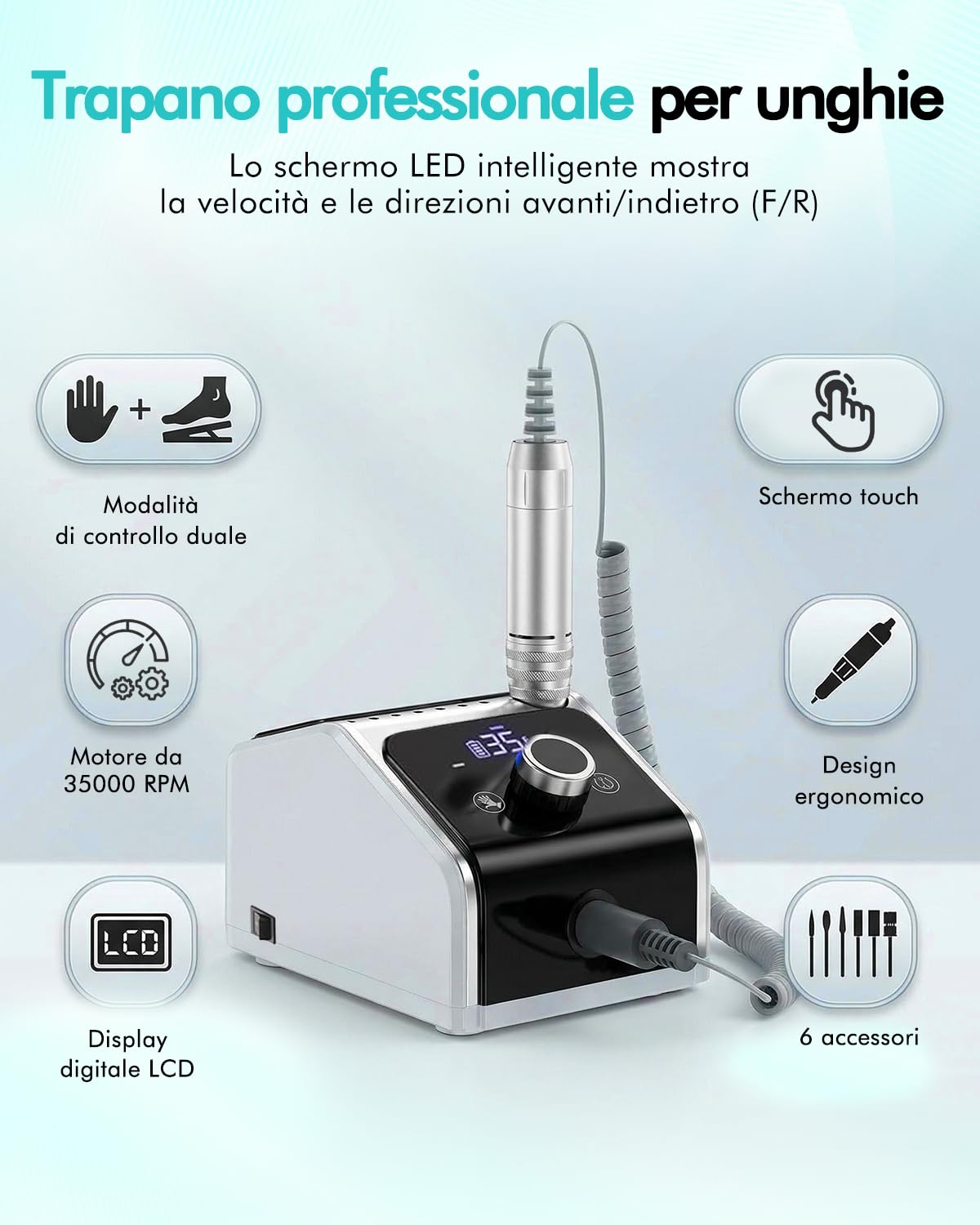 CozyZen Fresa Unghie Elettrica Professionale 35000 RPM con LCD | Lima Elettrica per Unghie con Pedale, Bassa Rumorosità, Controllo Velocità, per Unghie Acriliche e Gel, Casa e Salone