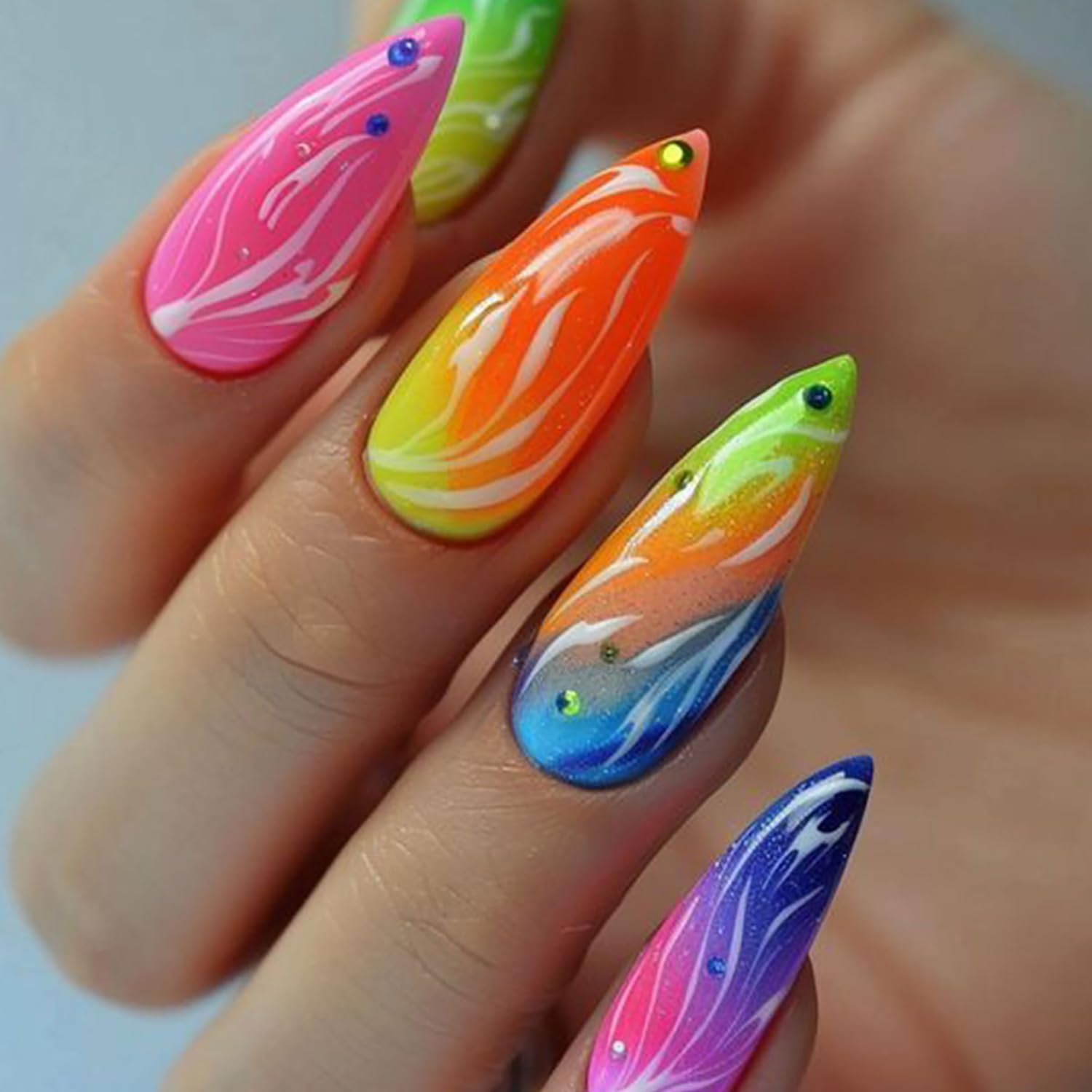 French Tip Press on Nails Medium Length Almond Shaped Colorful Gradient False Nail with Rhinestones Stripe Design Almond Acrylic Fingernails Full