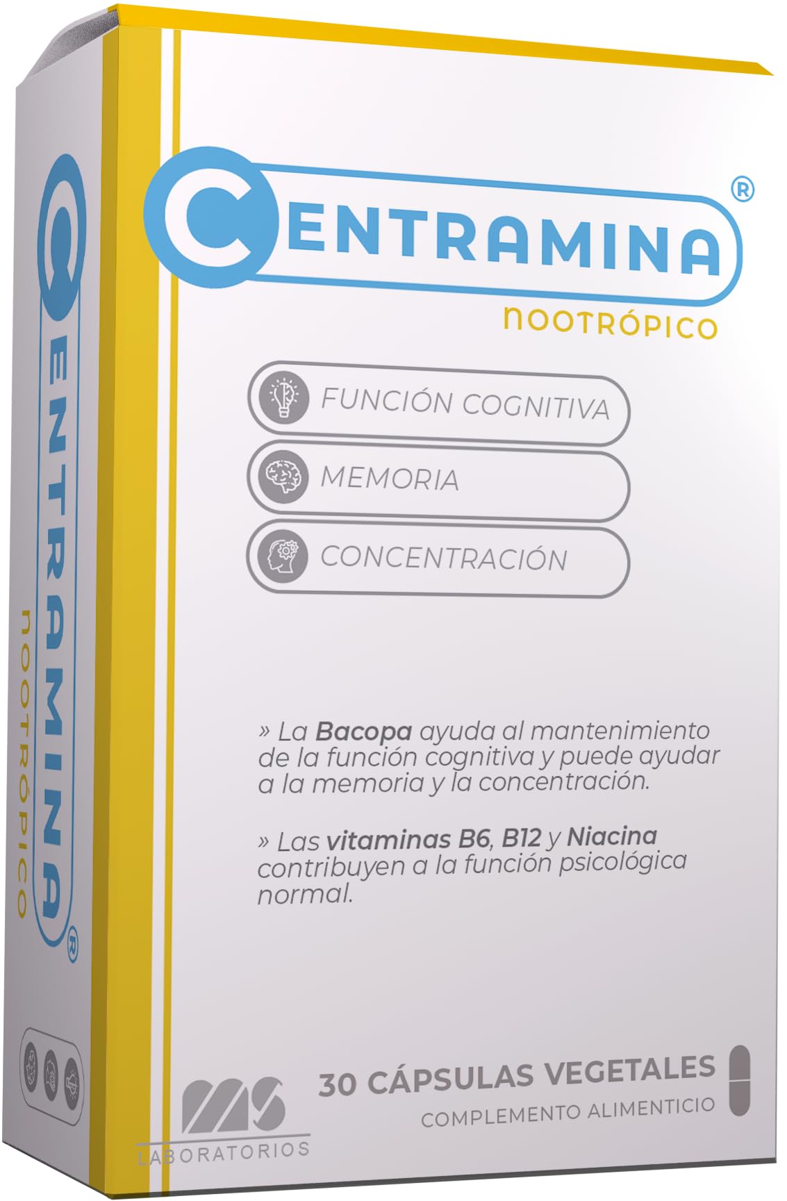 Centramina© | Nootropico con Ginkgo biloba, Bacopa, cafeina, colina, fosfatidil serina, teanina y vitaminas. Sin aditivos. Vegano. 30 Cápsulas