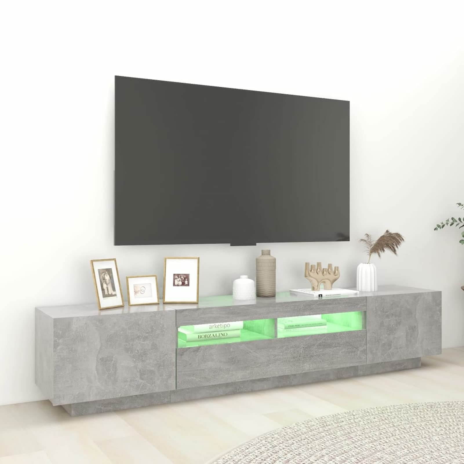Meuble TV LED 180 Cm Gris Béton - Avec Rangements Et éclairage RGB, Support 70 Kg - 13