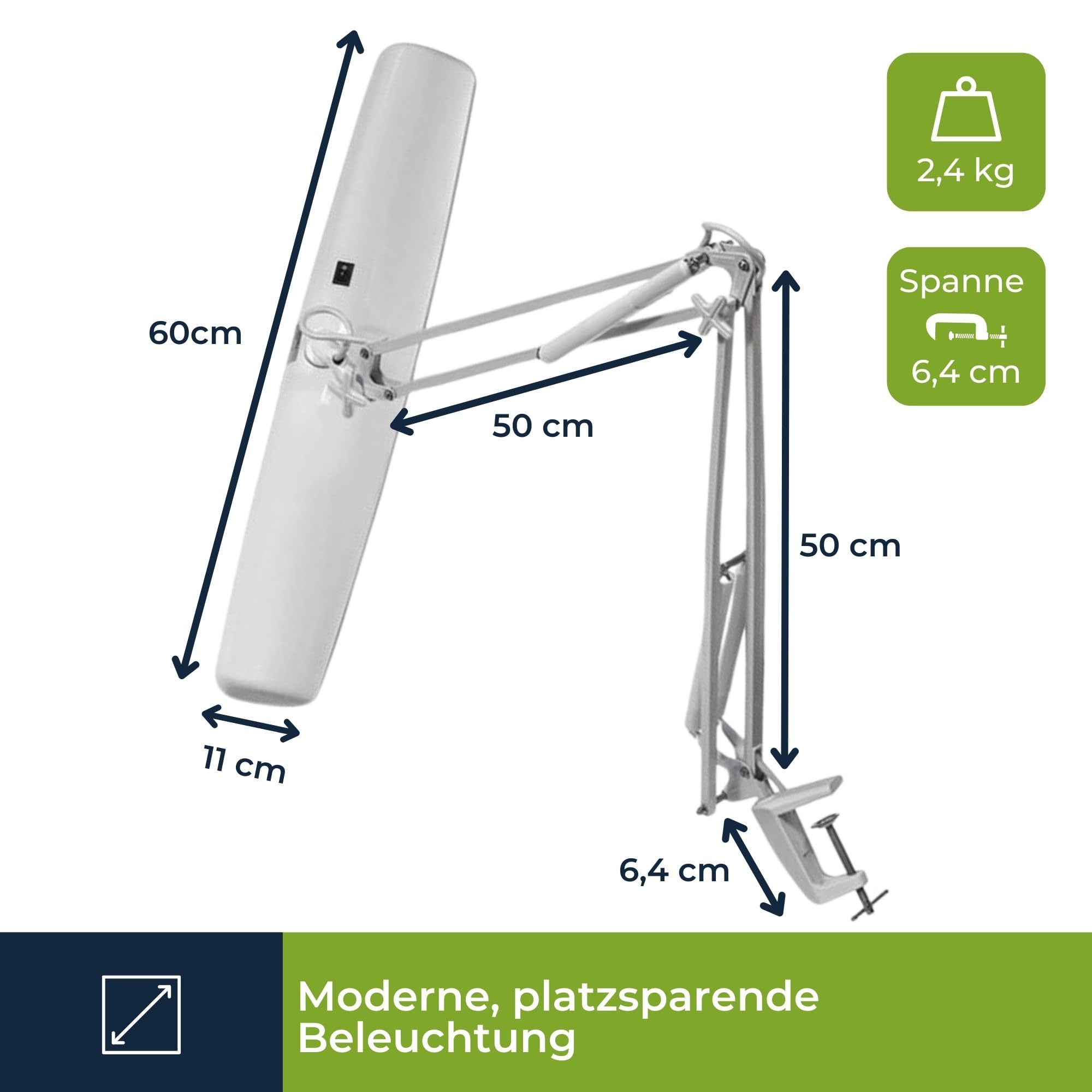 Velleman Verstellbare Schreibtischlampe mit Klemmbefestigung, Schwenkarm, Ein-/Ausschalter, Länge 105 cm, Breite 60 cm, mit 3x T5 14 W Leuchtstoffröhren, 2700 Lumen, 6500 K, weiß