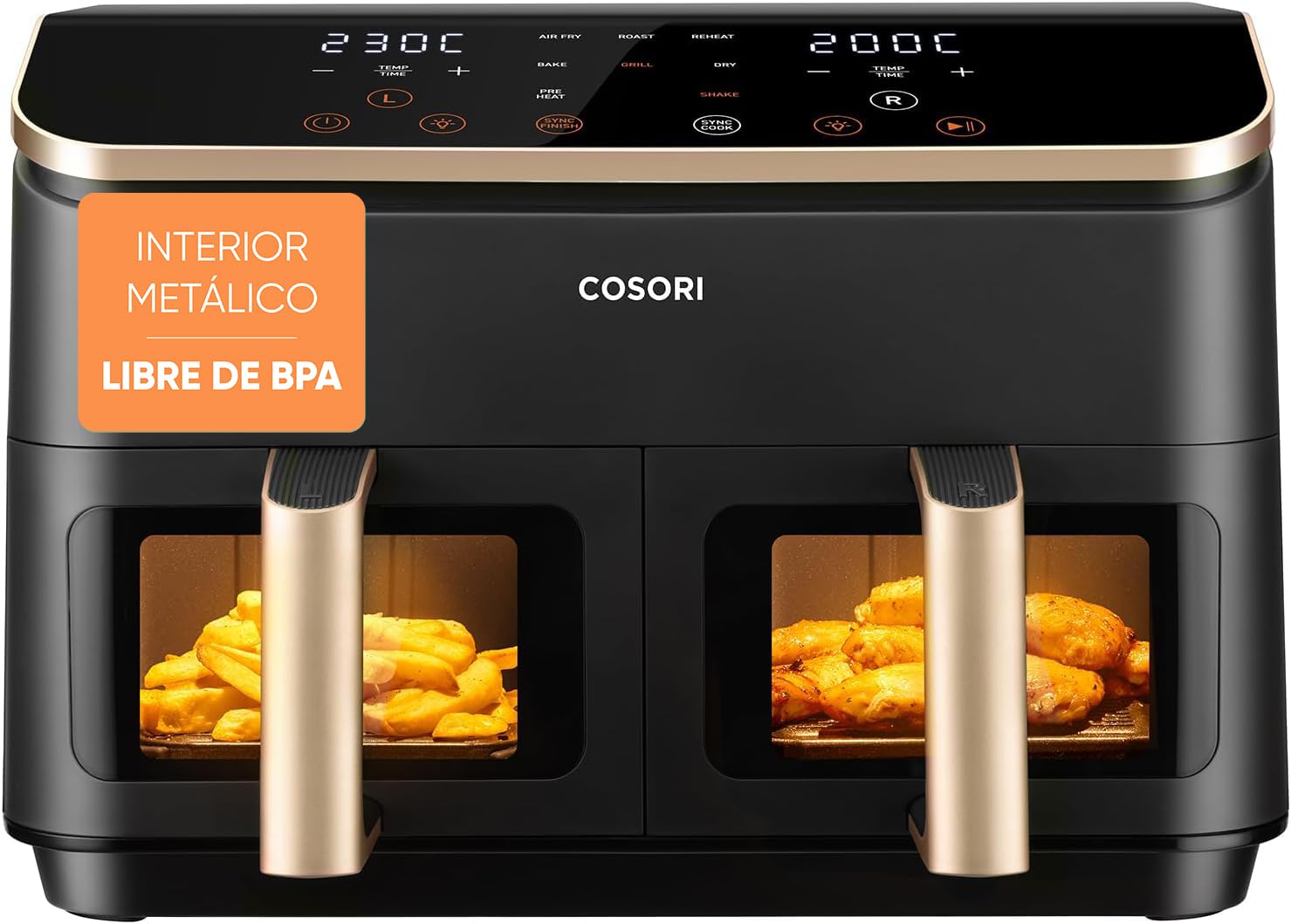 Cosori Air Fryer Grande 8,5 Litros, Freidora de Aire con Doble Cesta, Airfryer con Ventana, Recetas en la App, Multifunción 10 en 1, Alta Potencia y 55% de Eficiencia, Bajo Ruido, Fácil de Limpiar