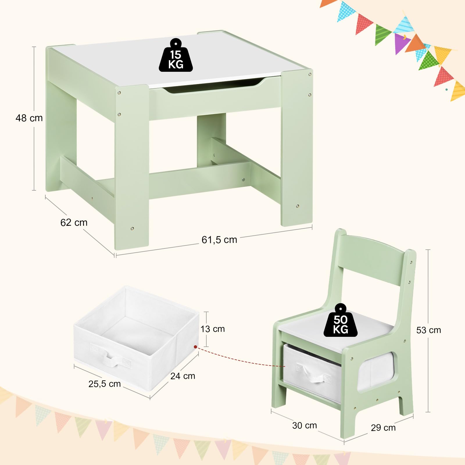 WOLTU Table et 2 Chaises pour Enfants, Mobilier pour Crèche avec Rangement, Plateau de Table Réversible,pour Enfants Plus de 2 Ans, en Bois MDF, Vert et Blanc