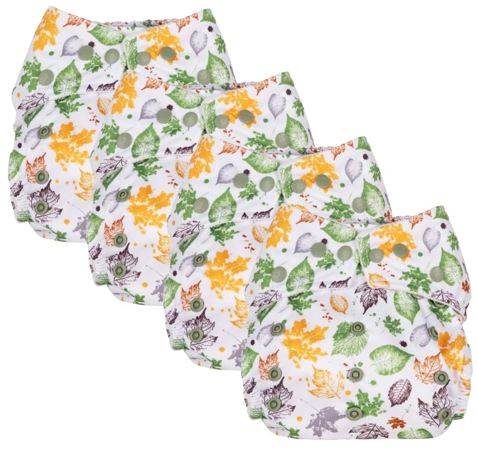 4 Pack Reusable Pocket Nappies with 8 Bamboo Inserts, Washable Cloth Diapers Adjustable Closure, Press Stud Popper, Mixed Designs. Highly Absorbent Award Winning Nappies. (Leaves)