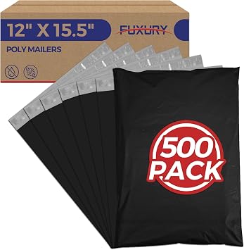 Fuxury Poly Mailers 12x15.5 Inch 500 Pcs,Black Shipping Bags Bulk for Clothing,Strong Adhesive Sealing, Waterproof, Tear-resistant Postal Mailing Poly Bags for Books,Accessories,Business