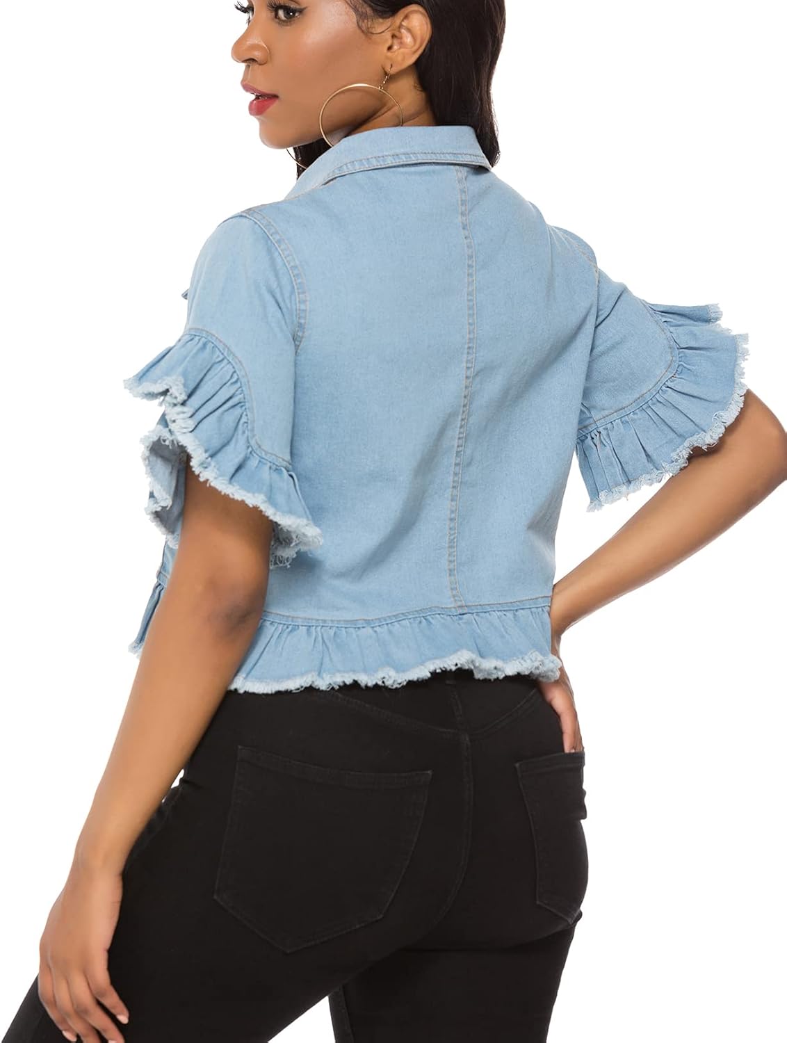 Suvimuga Women's Denim Jacket Button Down Distressed Ruffle Sleeve Crop Jean Jackets Coat - Image 3