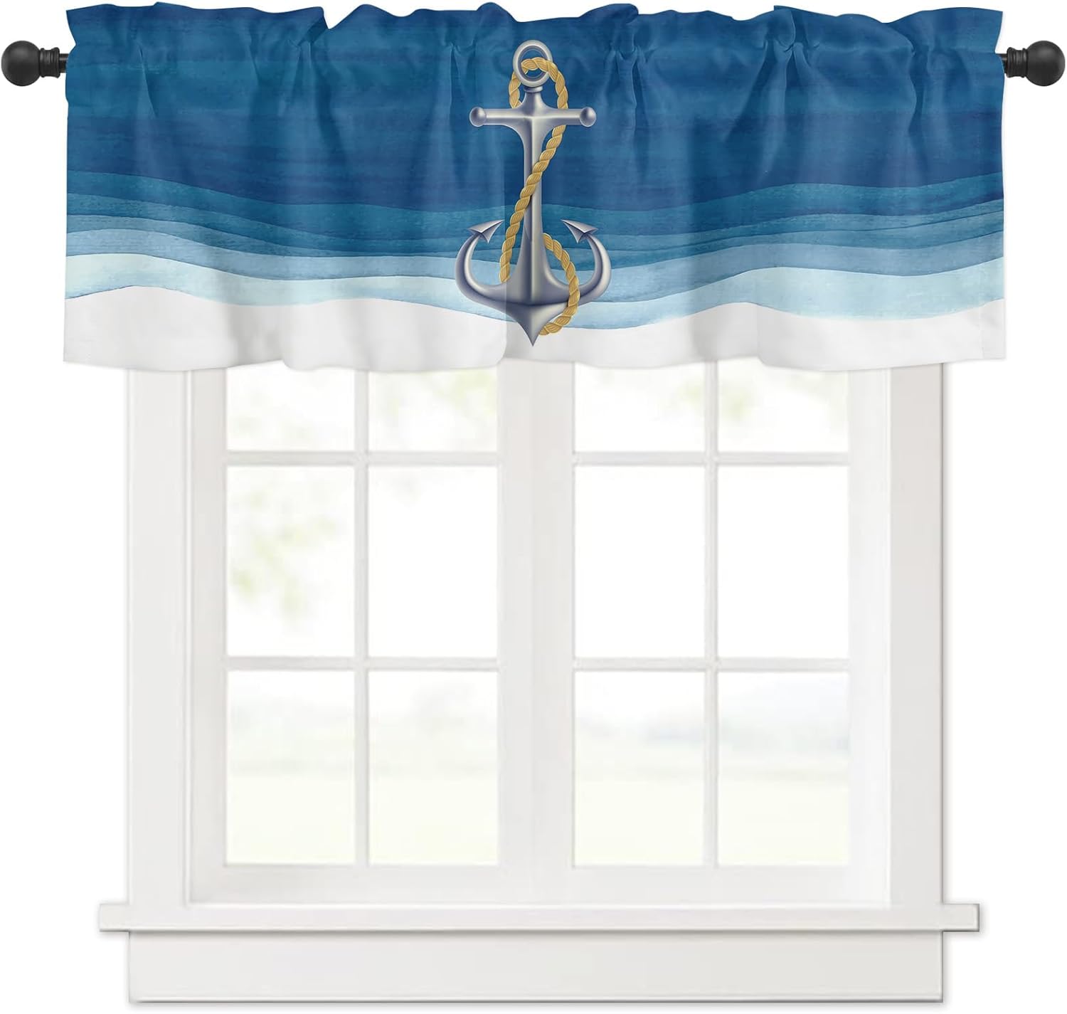 Nautical Valances for Windows Anchor Sea Wave Blue Ombre