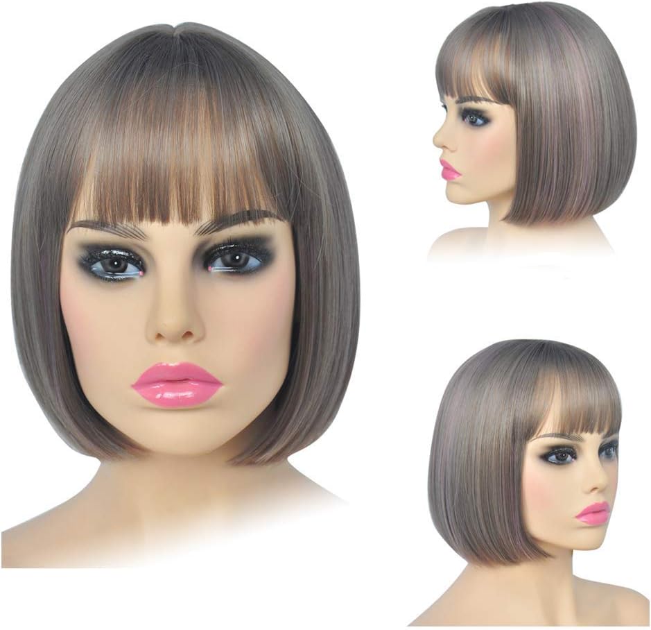 Bob Wig,Grey Short Wigs SYXLCYGG Synthetic 10" Straight Silky Fluffy Womens Hair Wigs Blonde Wig With Bangs Girl Cosplay Colorful Party White Women Daily Much Colors (Free Wig Cap)